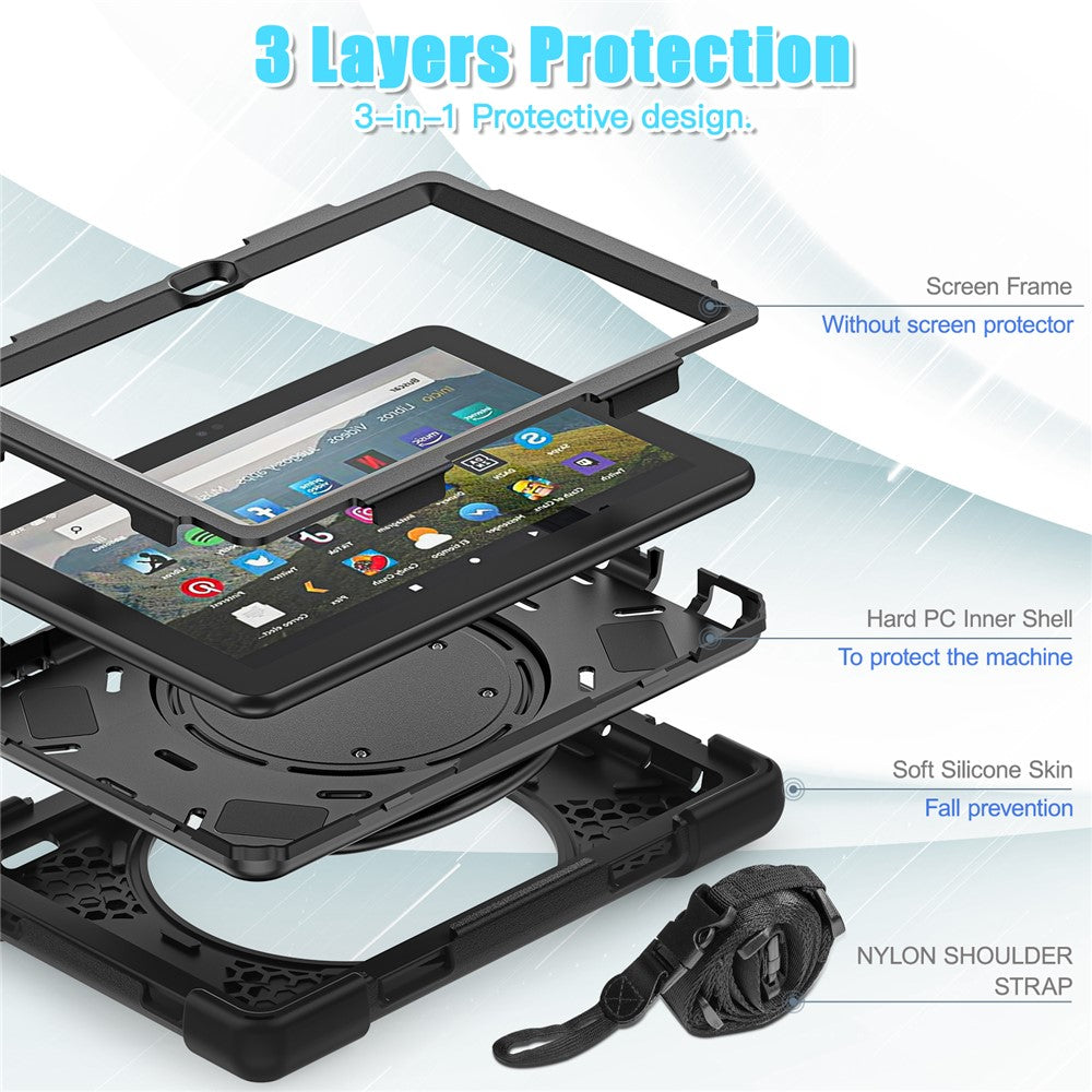 For Amazon Fire HD 8 (2022) / HD 8 (2024) PC + Silicone Tablet Case Drop-Proof Back Cover Rotary Kickstand with Shoulder Strap