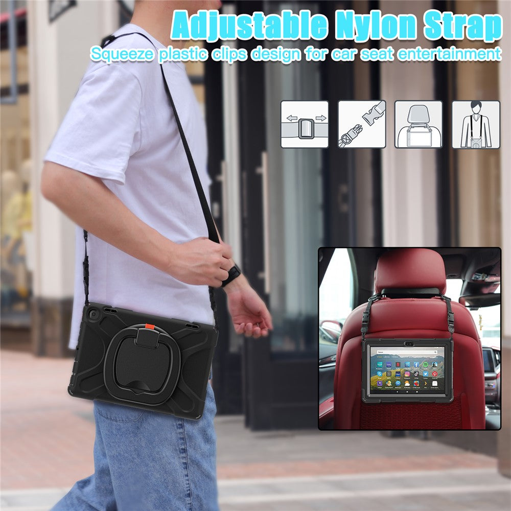 For Amazon Fire HD 8 (2022) / HD 8 (2024) PC + Silicone Tablet Case Drop-Proof Back Cover Rotary Kickstand with Shoulder Strap