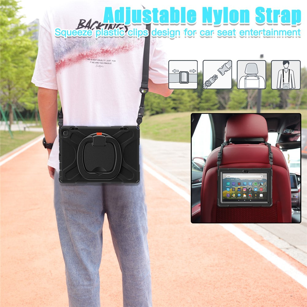 For Amazon Fire HD 8 (2022) / HD 8 (2024) PC + Silicone Tablet Case Drop-Proof Back Cover Rotary Kickstand with Shoulder Strap
