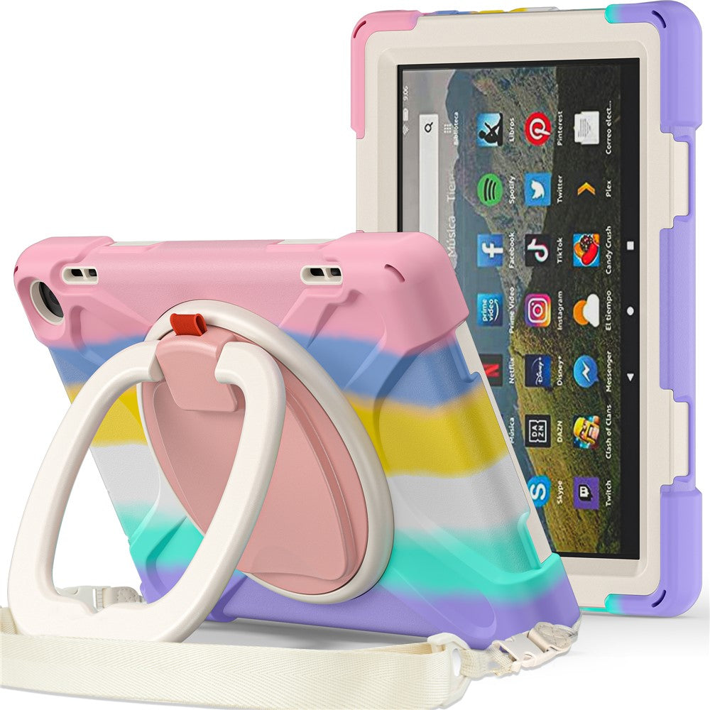 For Amazon Fire HD 8 (2022) / HD 8 (2024) PC + Silicone Tablet Case Drop-Proof Back Cover Rotary Kickstand with Shoulder Strap