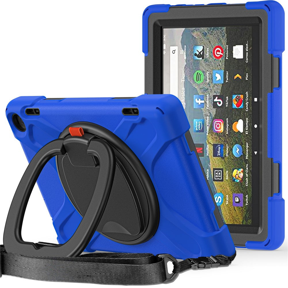 For Amazon Fire HD 8 (2022) / HD 8 (2024) PC + Silicone Tablet Case Drop-Proof Back Cover Rotary Kickstand with Shoulder Strap