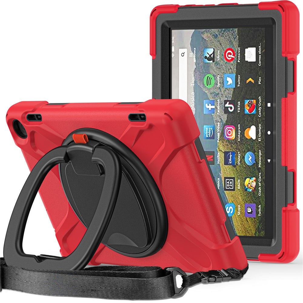 For Amazon Fire HD 8 (2022) / HD 8 (2024) PC + Silicone Tablet Case Drop-Proof Back Cover Rotary Kickstand with Shoulder Strap