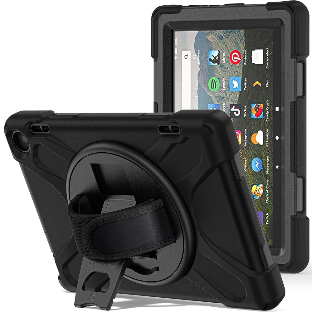 For Amazon Fire HD 8 (2022) / HD 8 (2024) Kickstand PC + Silicone Tablet Case 360 Degree Rotation Hand Strap Drop Resistant Rugged Protective Cover