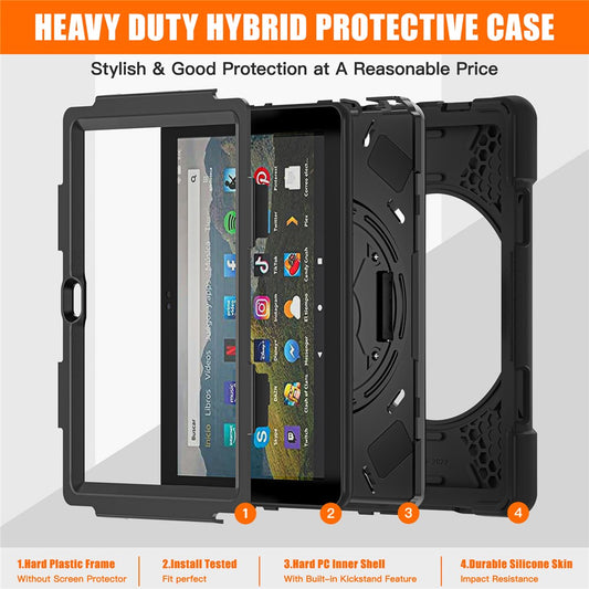 For Amazon Fire HD 8 (2022) / HD 8 (2024) Kickstand PC + Silicone Tablet Case 360 Degree Rotation Hand Strap Drop Resistant Rugged Protective Cover