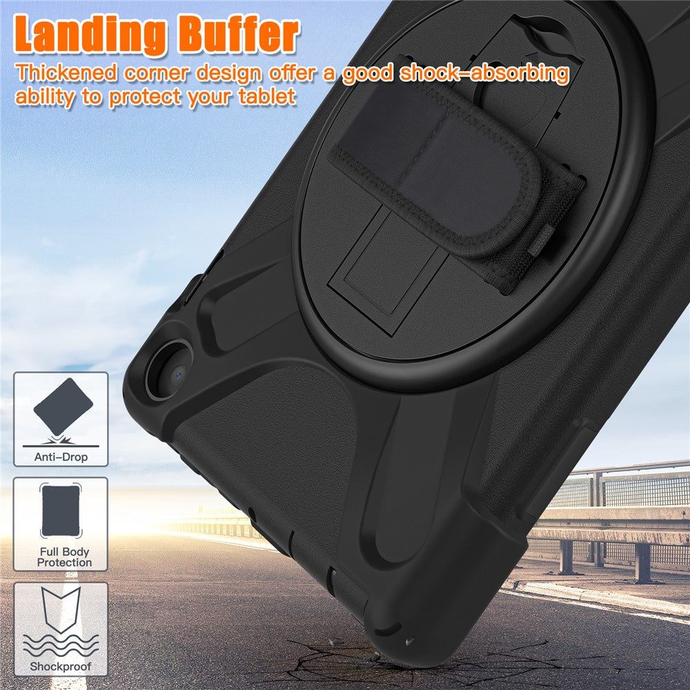 For Amazon Fire HD 8 (2022) / HD 8 (2024) Kickstand PC + Silicone Tablet Case 360 Degree Rotation Hand Strap Drop Resistant Rugged Protective Cover