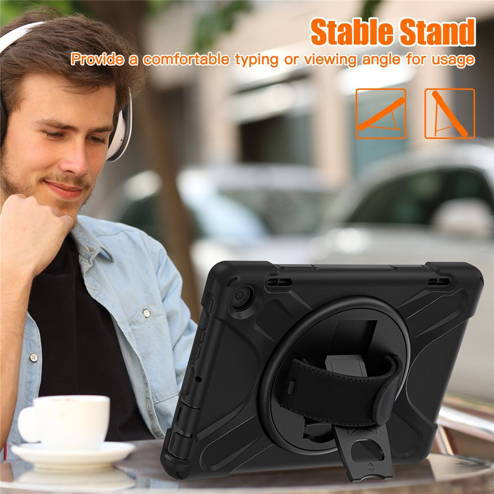 For Amazon Fire HD 8 (2022) / HD 8 (2024) Kickstand PC + Silicone Tablet Case 360 Degree Rotation Hand Strap Drop Resistant Rugged Protective Cover