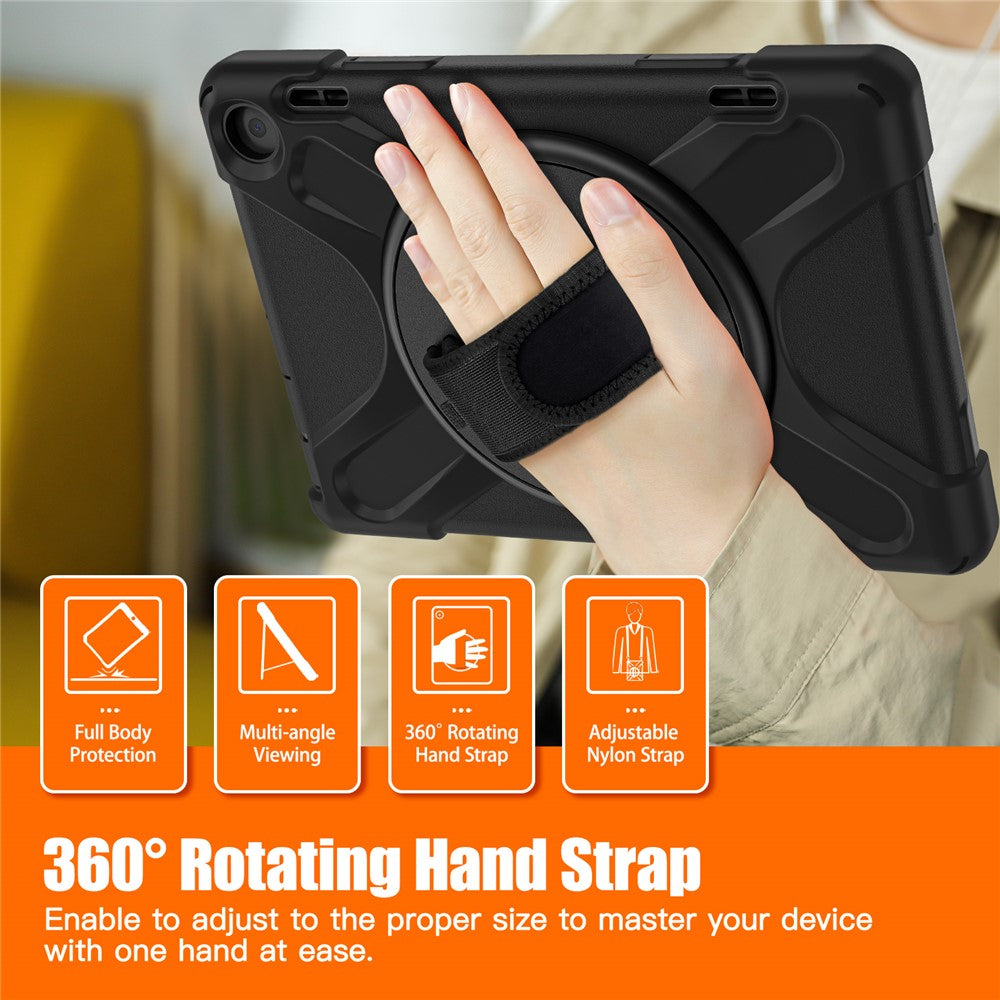 For Amazon Fire HD 8 (2022) / HD 8 (2024) Kickstand PC + Silicone Tablet Case 360 Degree Rotation Hand Strap Drop Resistant Rugged Protective Cover