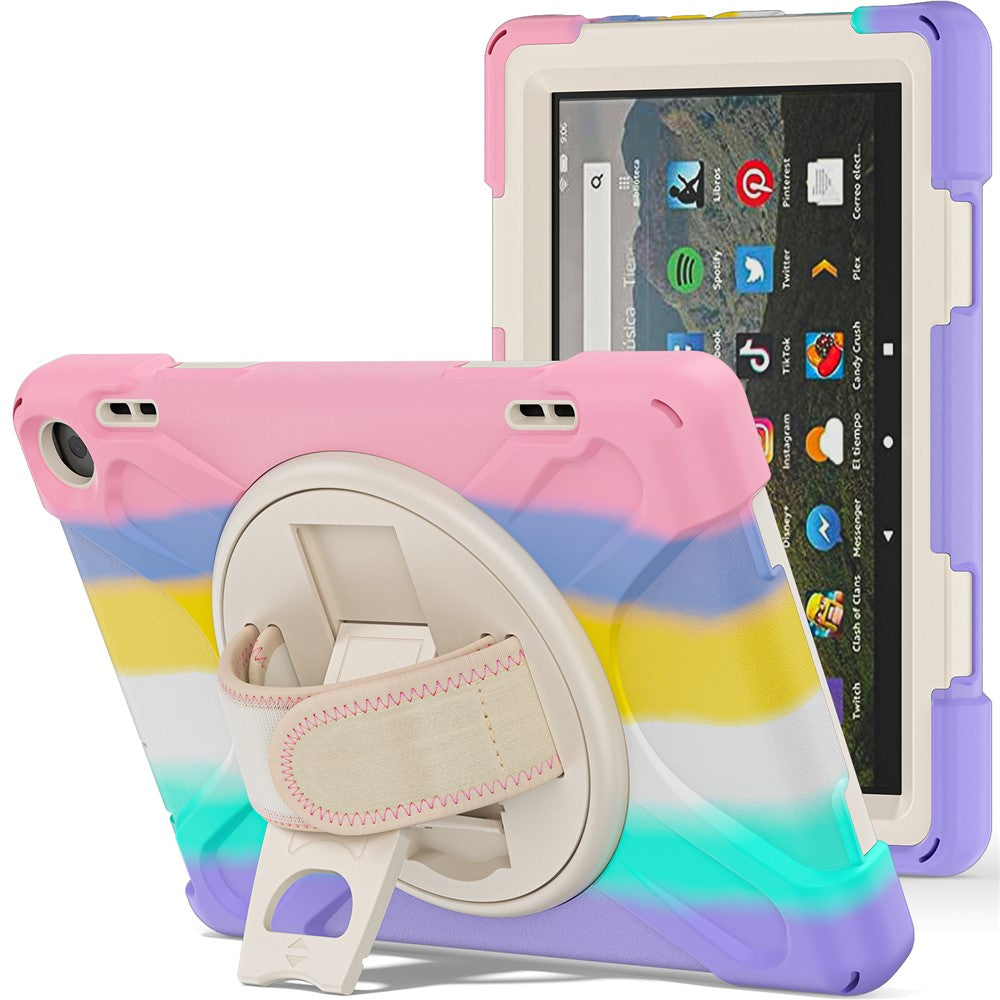 For Amazon Fire HD 8 (2022) / HD 8 (2024) Kickstand PC + Silicone Tablet Case 360 Degree Rotation Hand Strap Drop Resistant Rugged Protective Cover