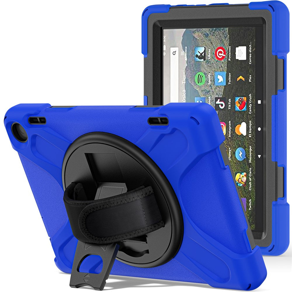 For Amazon Fire HD 8 (2022) / HD 8 (2024) Kickstand PC + Silicone Tablet Case 360 Degree Rotation Hand Strap Drop Resistant Rugged Protective Cover