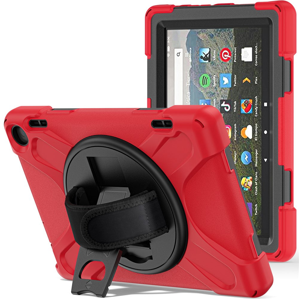 For Amazon Fire HD 8 (2022) / HD 8 (2024) Kickstand PC + Silicone Tablet Case 360 Degree Rotation Hand Strap Drop Resistant Rugged Protective Cover