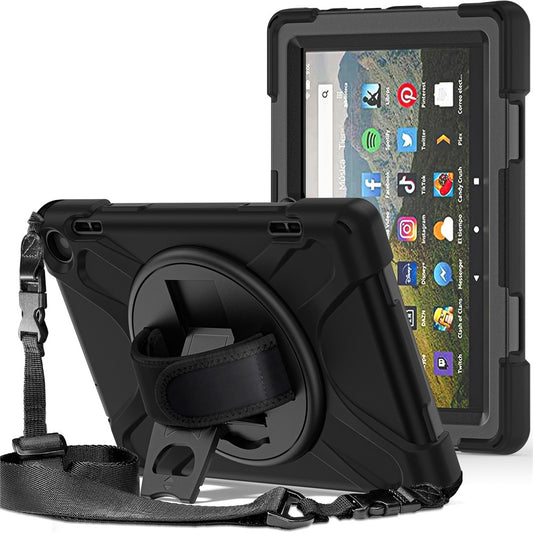 For Amazon Fire HD 8 (2022) / HD 8 (2024) Kickstand Tablet Case 360 Degree Rotation Hand Strap PC + Silicone Protective Cover with Shoulder Strap