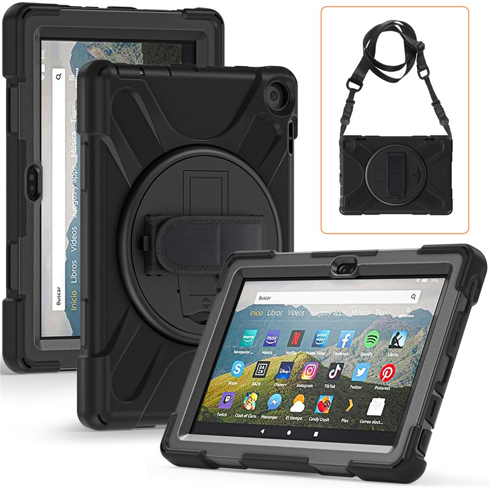 For Amazon Fire HD 8 (2022) / HD 8 (2024) Kickstand Tablet Case 360 Degree Rotation Hand Strap PC + Silicone Protective Cover with Shoulder Strap