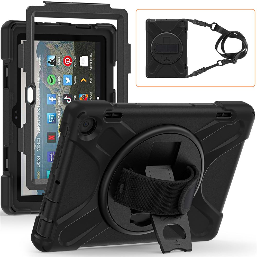 For Amazon Fire HD 8 (2022) / HD 8 (2024) Kickstand Tablet Case 360 Degree Rotation Hand Strap PC + Silicone Protective Cover with Shoulder Strap