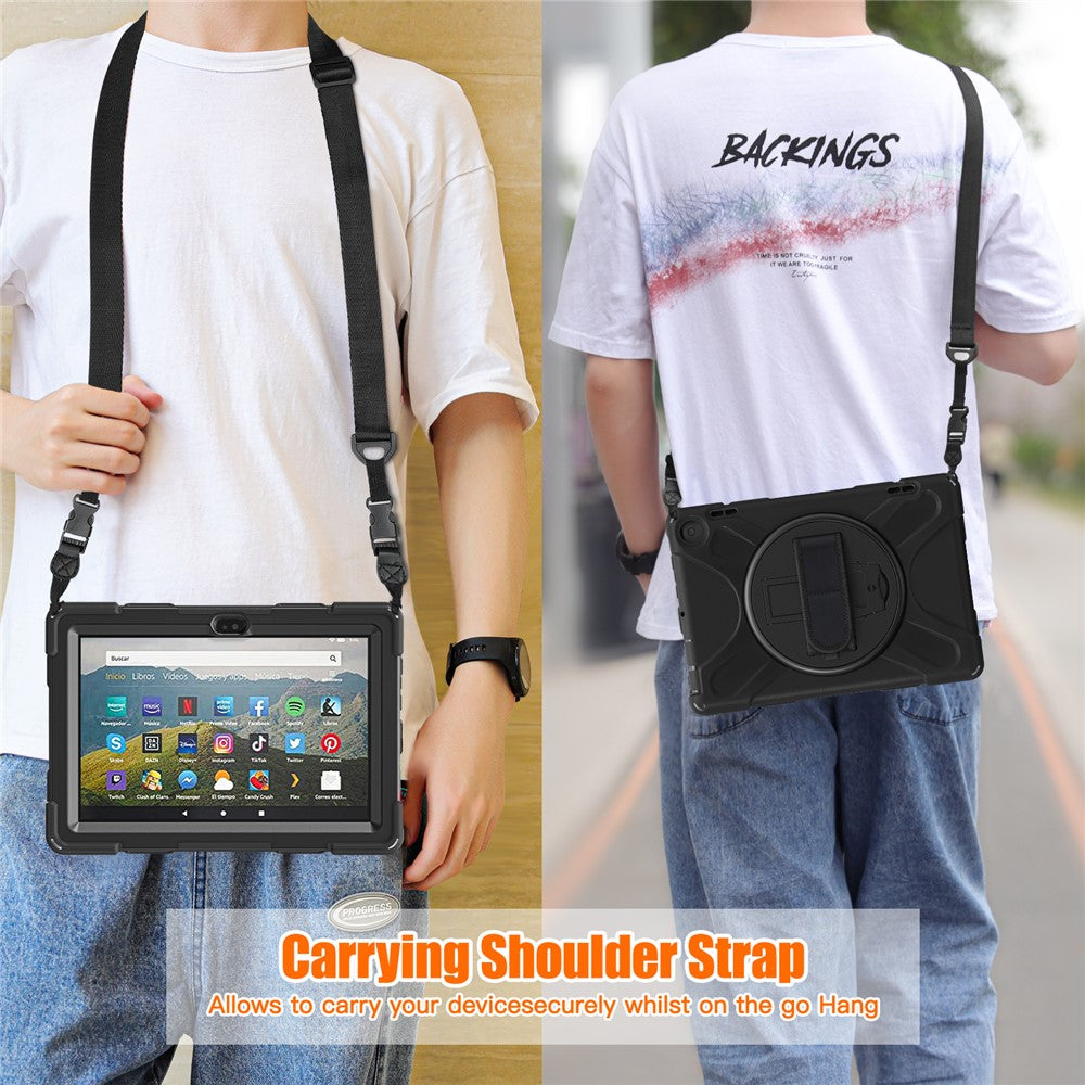 For Amazon Fire HD 8 (2022) / HD 8 (2024) Kickstand Tablet Case 360 Degree Rotation Hand Strap PC + Silicone Protective Cover with Shoulder Strap
