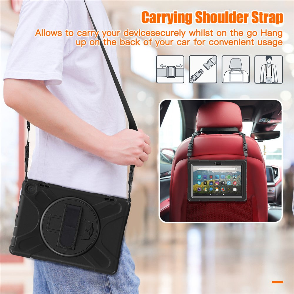 For Amazon Fire HD 8 (2022) / HD 8 (2024) Kickstand Tablet Case 360 Degree Rotation Hand Strap PC + Silicone Protective Cover with Shoulder Strap
