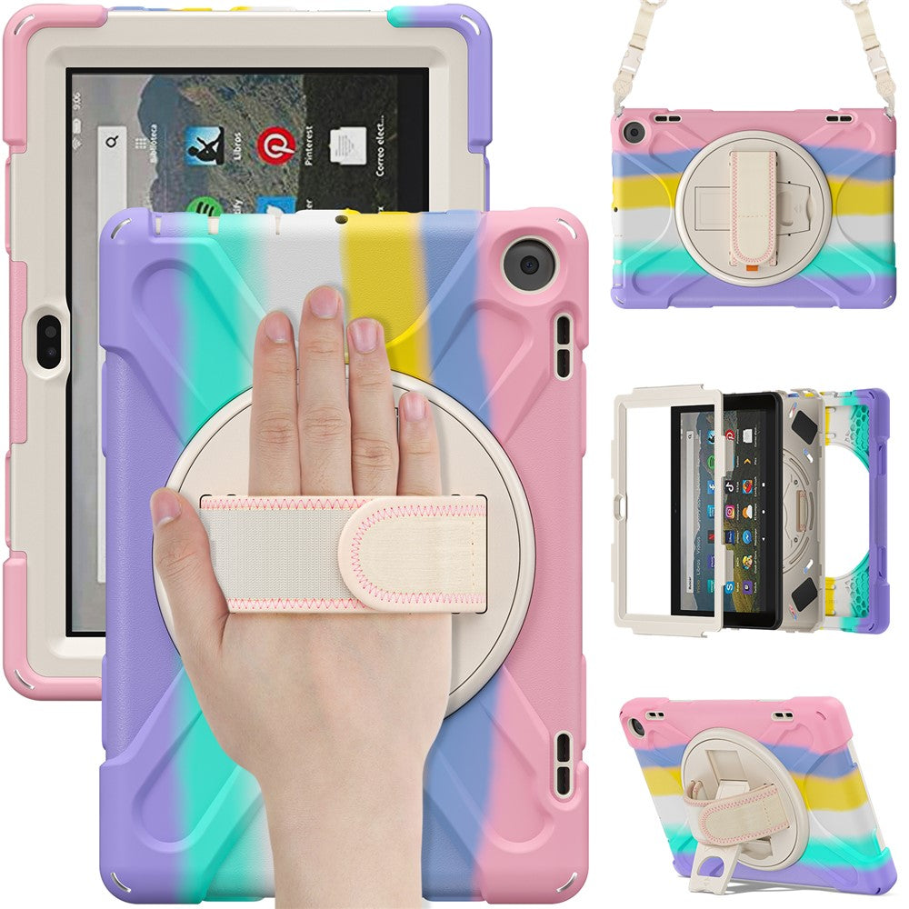 For Amazon Fire HD 8 (2022) / HD 8 (2024) Kickstand Tablet Case 360 Degree Rotation Hand Strap PC + Silicone Protective Cover with Shoulder Strap