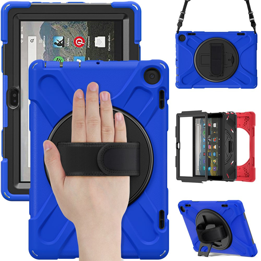 For Amazon Fire HD 8 (2022) / HD 8 (2024) Kickstand Tablet Case 360 Degree Rotation Hand Strap PC + Silicone Protective Cover with Shoulder Strap