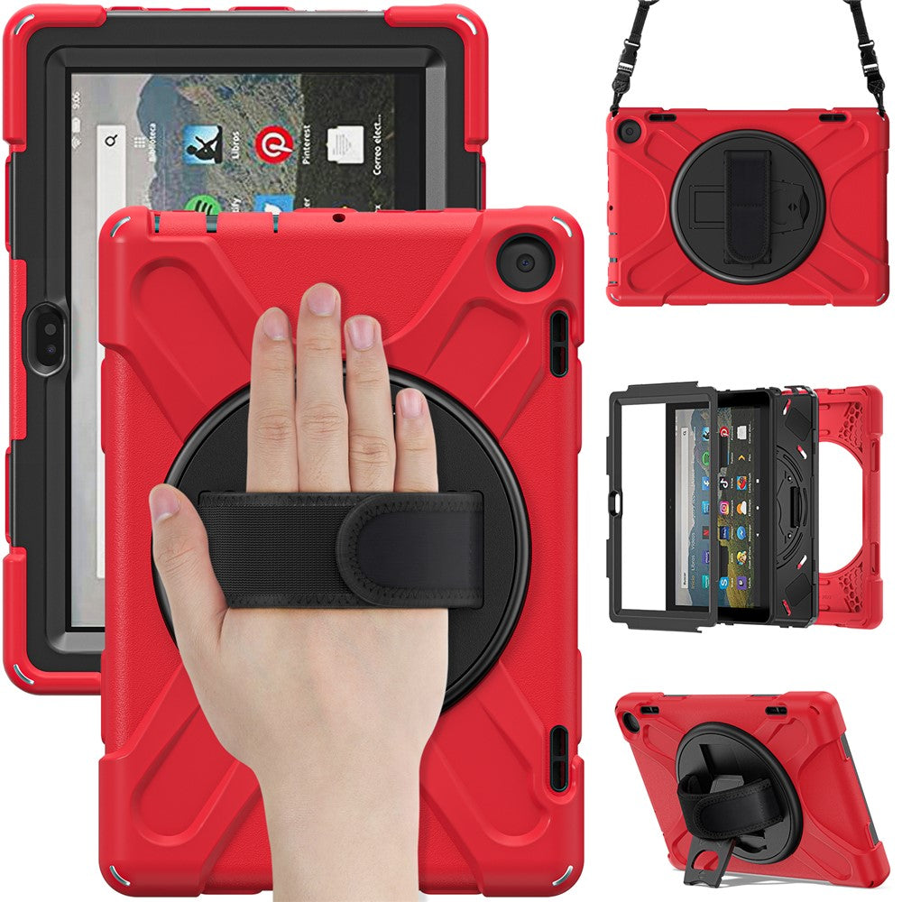 For Amazon Fire HD 8 (2022) / HD 8 (2024) Kickstand Tablet Case 360 Degree Rotation Hand Strap PC + Silicone Protective Cover with Shoulder Strap