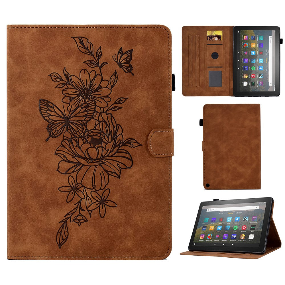 For Amazon Fire HD 8 (2020) Butterfly Flower Pattern Imprinted PU Leather Folio Flip Shell Stitching Line Stand Card Holder Tablet Cover with Auto Wake / Sleep Feature