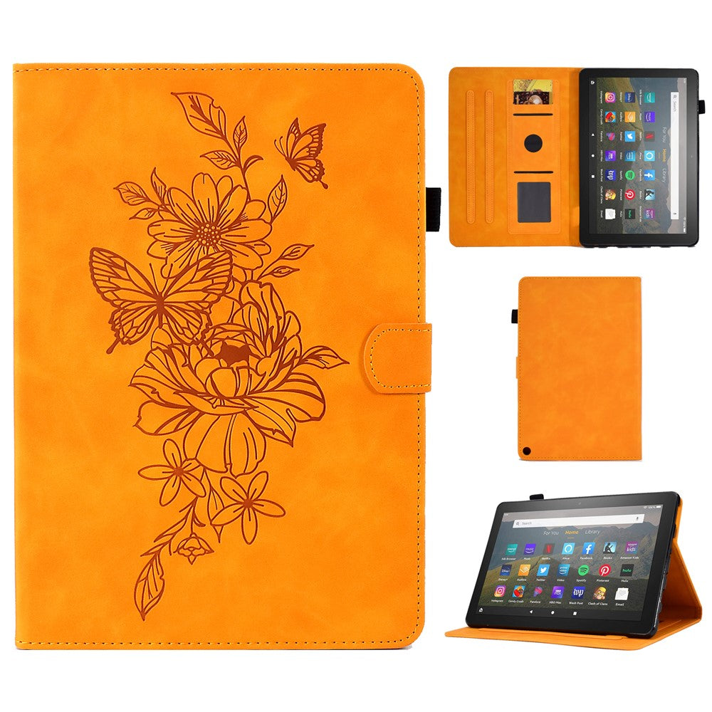 For Amazon Fire HD 8 (2020) Butterfly Flower Pattern Imprinted PU Leather Folio Flip Shell Stitching Line Stand Card Holder Tablet Cover with Auto Wake / Sleep Feature