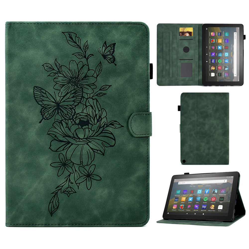 For Amazon Fire HD 8 (2020) Butterfly Flower Pattern Imprinted PU Leather Folio Flip Shell Stitching Line Stand Card Holder Tablet Cover with Auto Wake / Sleep Feature