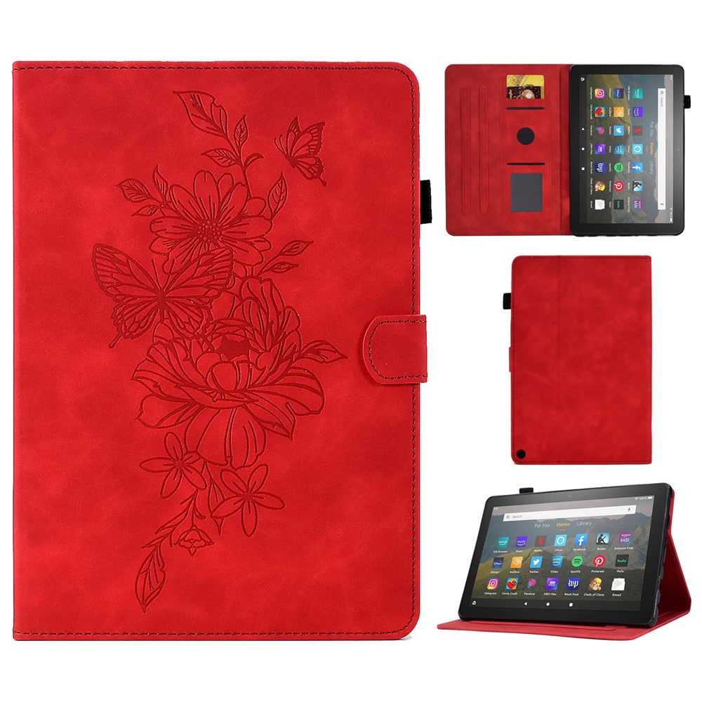 For Amazon Fire HD 8 (2020) Butterfly Flower Pattern Imprinted PU Leather Folio Flip Shell Stitching Line Stand Card Holder Tablet Cover with Auto Wake / Sleep Feature