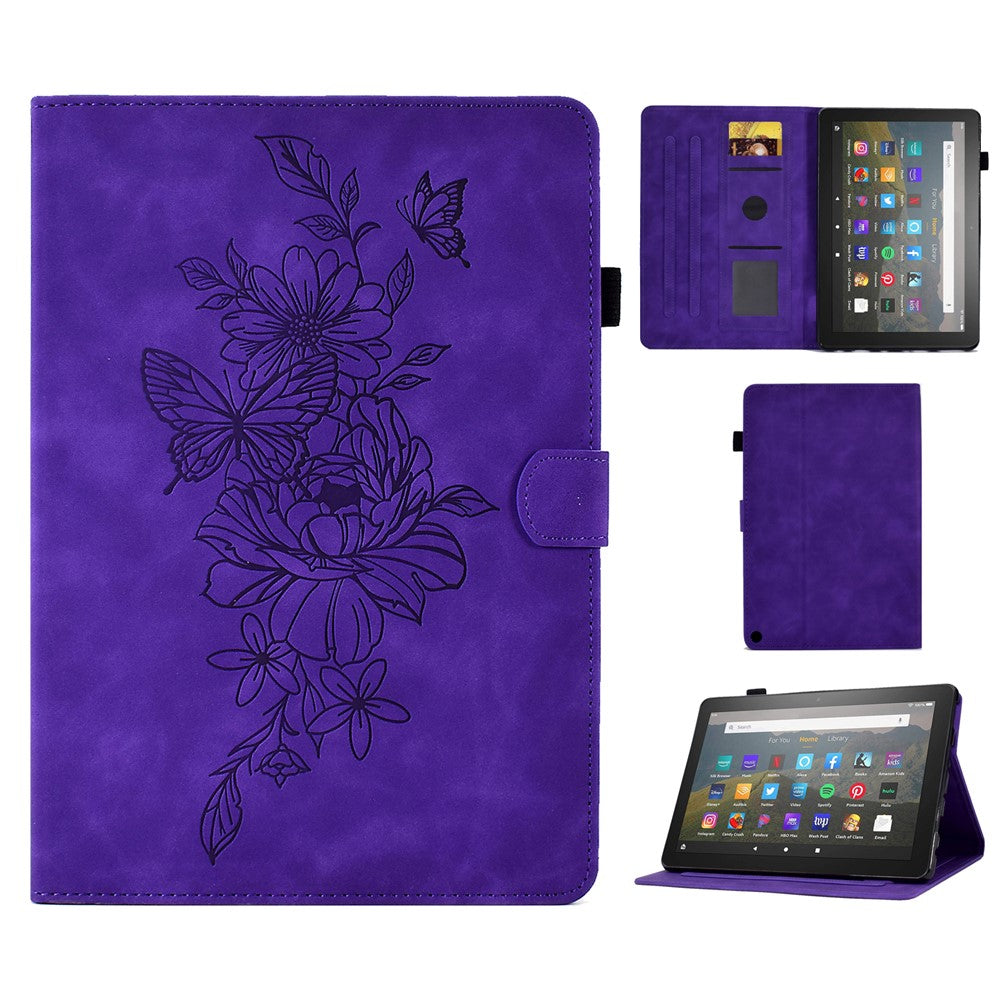 For Amazon Fire HD 8 (2020) Butterfly Flower Pattern Imprinted PU Leather Folio Flip Shell Stitching Line Stand Card Holder Tablet Cover with Auto Wake / Sleep Feature
