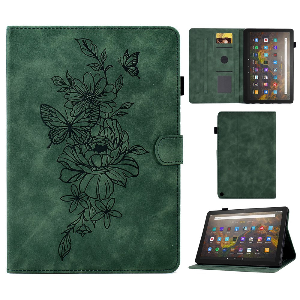 For Amazon Fire HD 10 (2021) / HD 10 Plus (2021) Flip Stand Smart Tablet Cover PU Leather Butterfly Flower Pattern Imprinted Protective Case with Card Holder