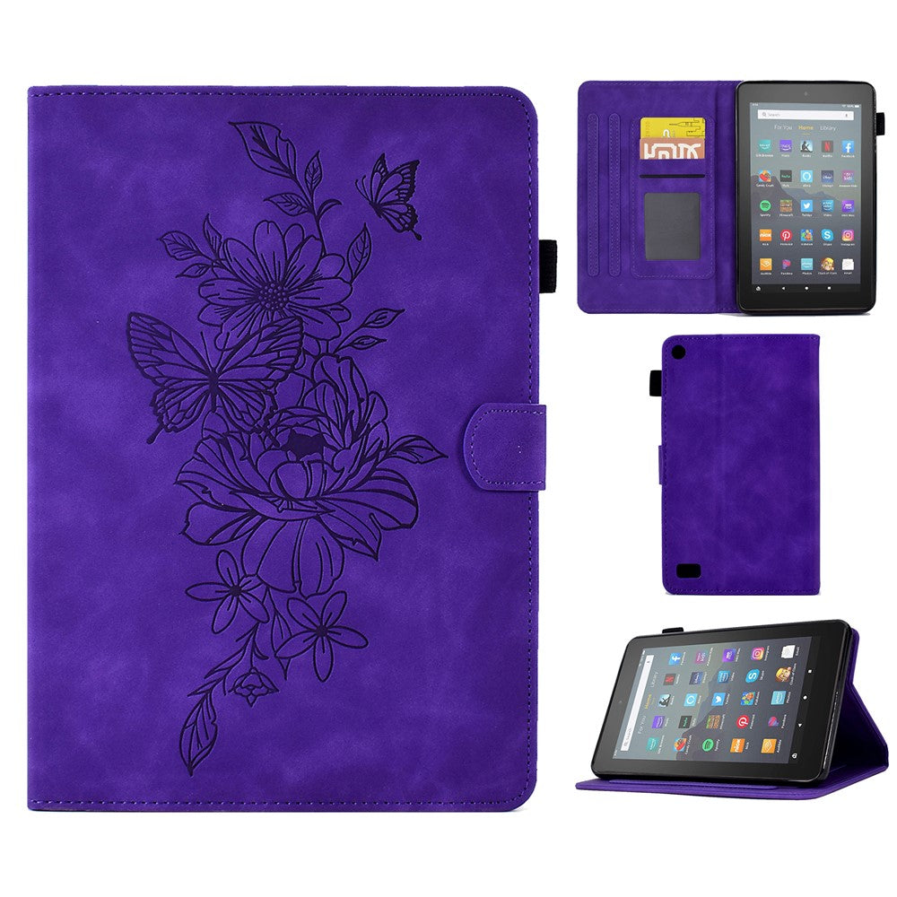 For Amazon Fire 7 (2015) / (2017) / (2019) Butterfly Flower Pattern Imprinted Magnetic Flip Protection Cover PU Leather Stand Card Holder Tablet Case with Auto Wake / Sleep