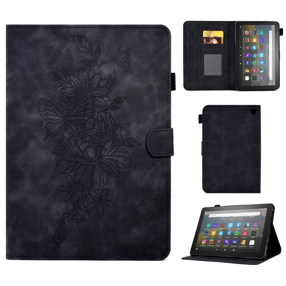 Butterfly Flower Pattern Imprinted Leather Case for Amazon Fire 7 (2022), Stitching Line Full Protection Tablet Cover with Card Holder Stand