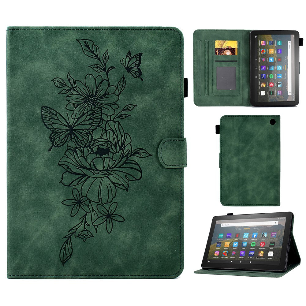 Butterfly Flower Pattern Imprinted Leather Case for Amazon Fire 7 (2022), Stitching Line Full Protection Tablet Cover with Card Holder Stand