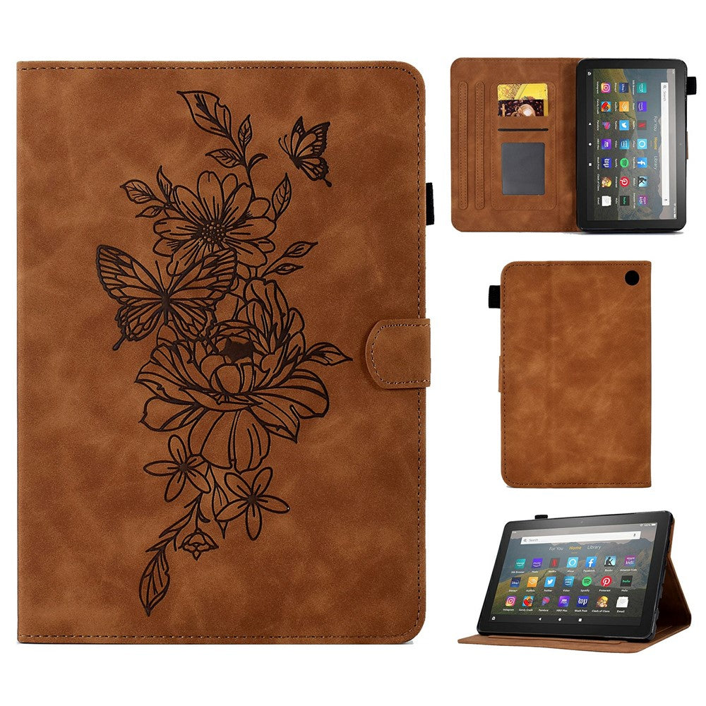 Butterfly Flower Pattern Imprinted Leather Case for Amazon Fire 7 (2022), Stitching Line Full Protection Tablet Cover with Card Holder Stand