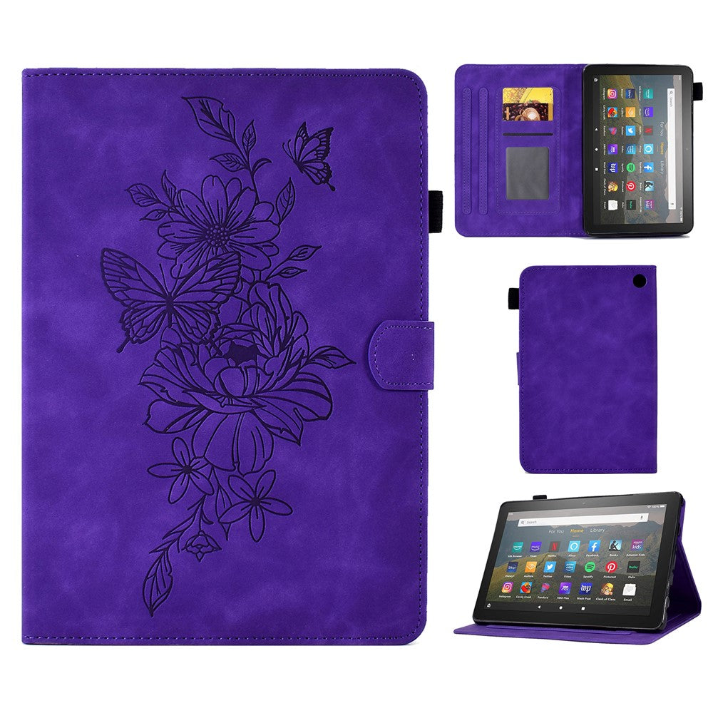 Butterfly Flower Pattern Imprinted Leather Case for Amazon Fire 7 (2022), Stitching Line Full Protection Tablet Cover with Card Holder Stand