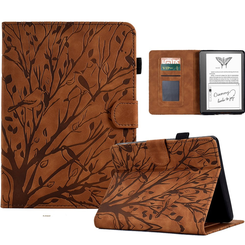 For Amazon Kindle 11th (2024) / 6'' (2022) Leather E-Reader Case Imprinted Tree Stand Card Holder Cover