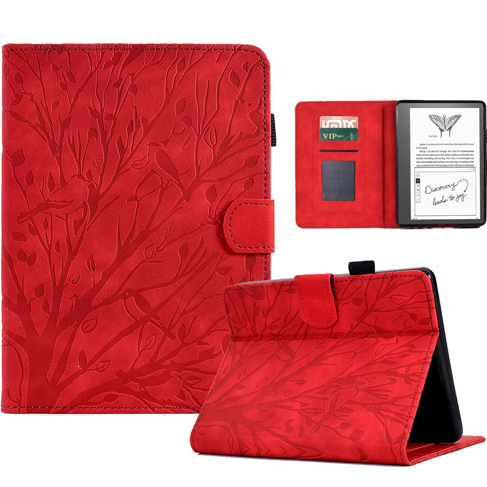 For Amazon Kindle 11th (2024) / 6'' (2022) Leather E-Reader Case Imprinted Tree Stand Card Holder Cover