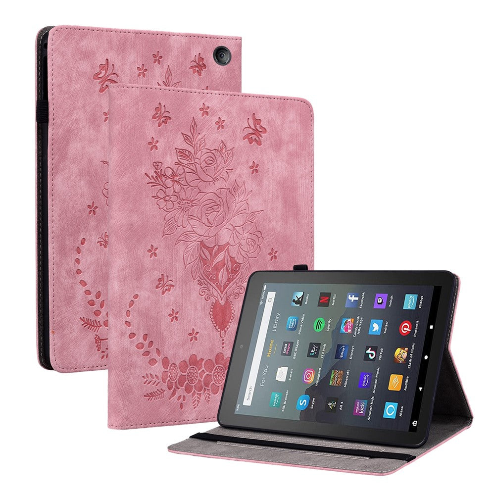 For Amazon Fire 7 (2022) PU Leather Stand Cover Butterfly Rose Imprinted Anti-drop Tablet Case with Card Slots