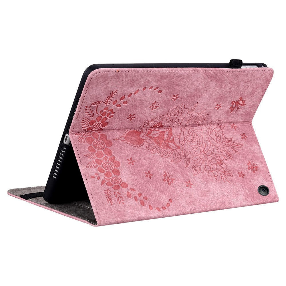 For Amazon Fire 7 (2022) PU Leather Stand Cover Butterfly Rose Imprinted Anti-drop Tablet Case with Card Slots