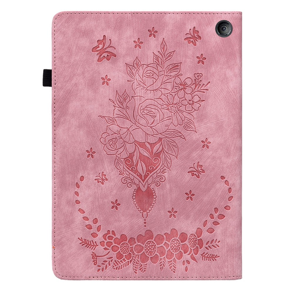 For Amazon Fire 7 (2022) PU Leather Stand Cover Butterfly Rose Imprinted Anti-drop Tablet Case with Card Slots