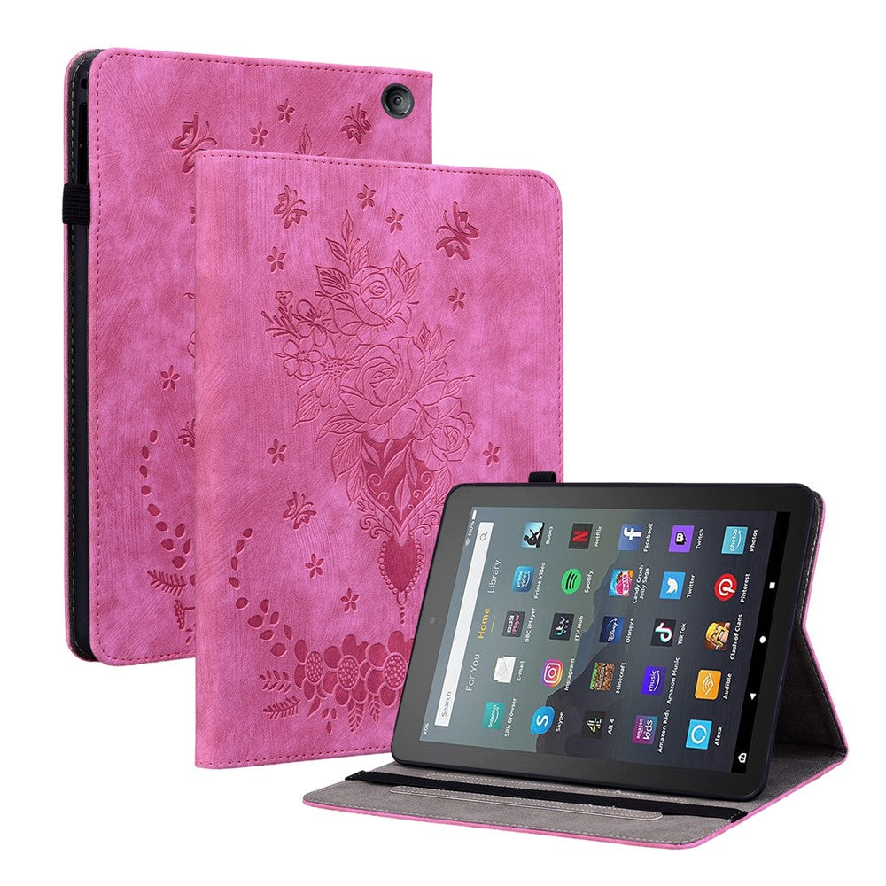 For Amazon Fire 7 (2022) PU Leather Stand Cover Butterfly Rose Imprinted Anti-drop Tablet Case with Card Slots