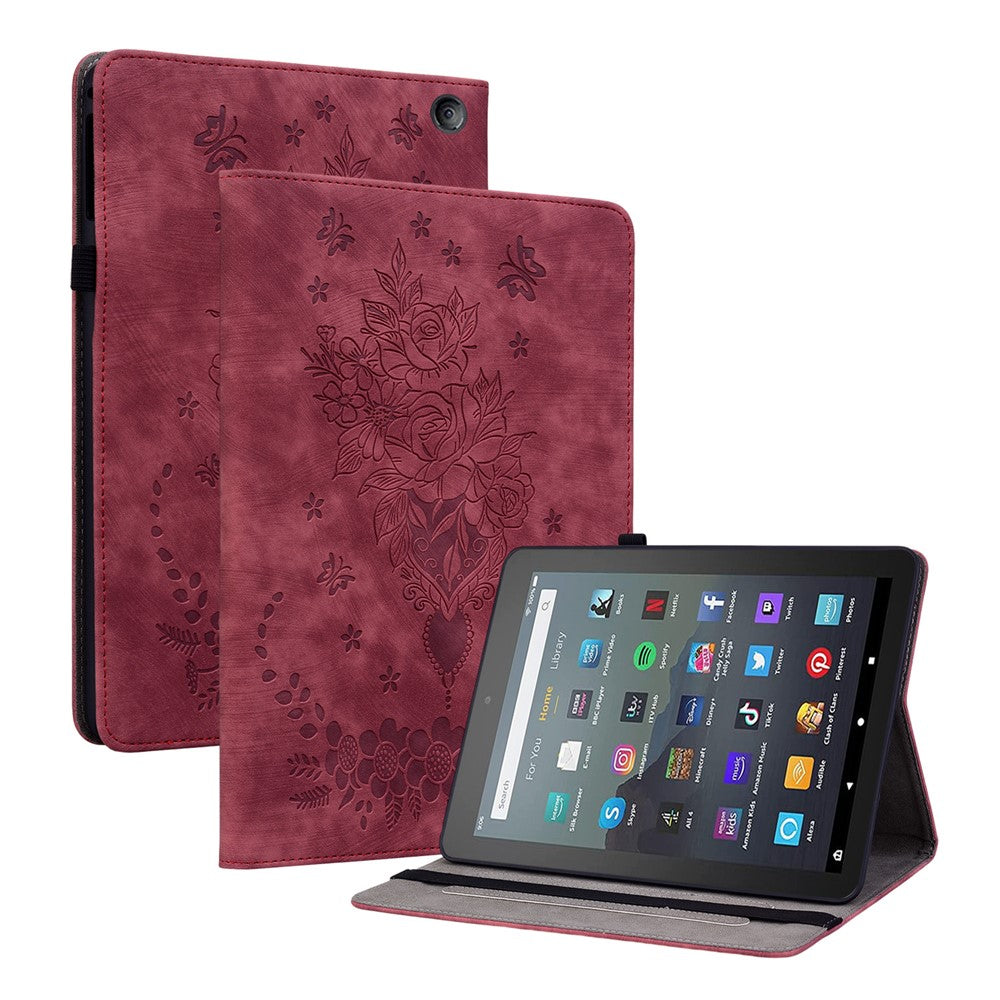 For Amazon Fire 7 (2022) PU Leather Stand Cover Butterfly Rose Imprinted Anti-drop Tablet Case with Card Slots