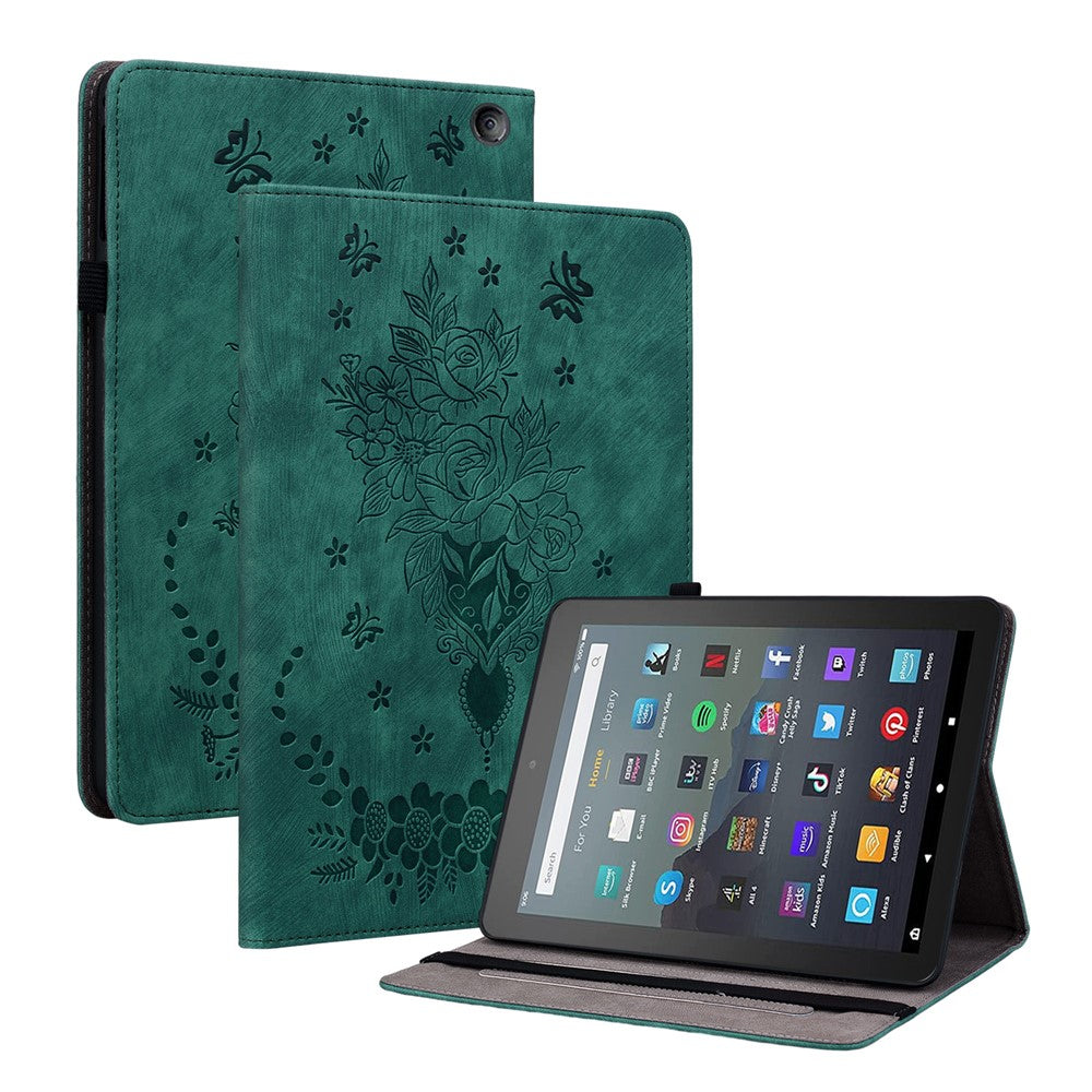 For Amazon Fire 7 (2022) PU Leather Stand Cover Butterfly Rose Imprinted Anti-drop Tablet Case with Card Slots