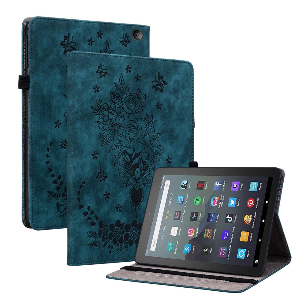 For Amazon Fire 7 (2022) PU Leather Stand Cover Butterfly Rose Imprinted Anti-drop Tablet Case with Card Slots