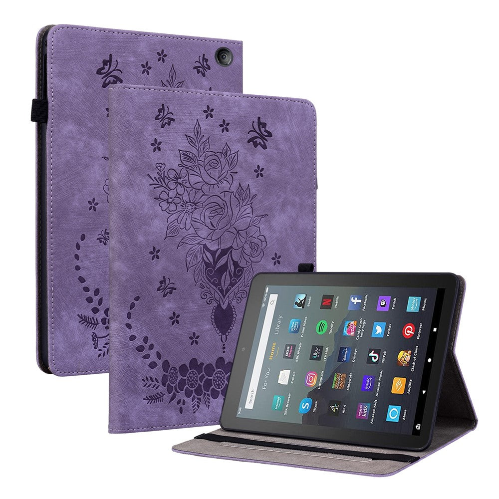 For Amazon Fire 7 (2022) PU Leather Stand Cover Butterfly Rose Imprinted Anti-drop Tablet Case with Card Slots