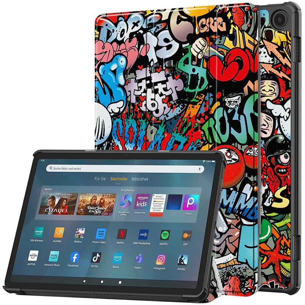 For Amazon Fire Max 11 Auto Wake / Sleep PU Leather Tablet Case Tri-fold Stand Pattern Printed Cover