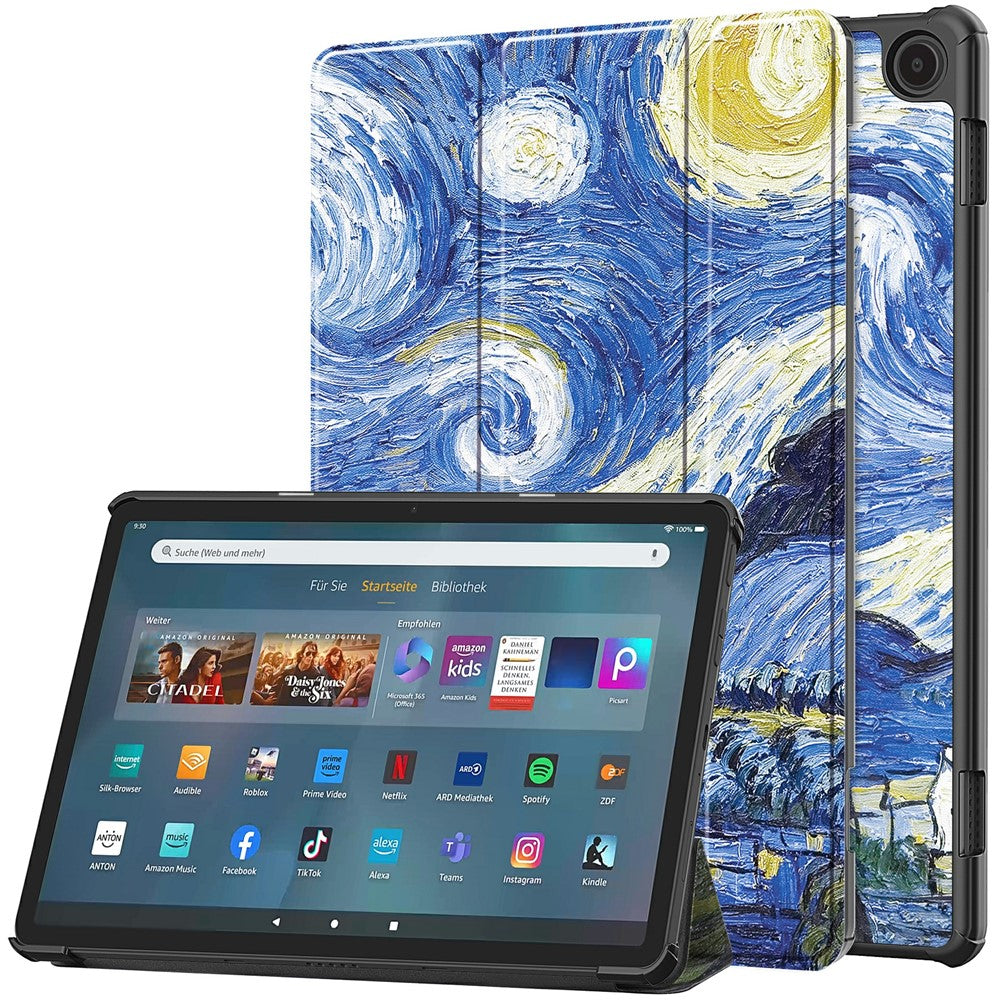 For Amazon Fire Max 11 Auto Wake / Sleep PU Leather Tablet Case Tri-fold Stand Pattern Printed Cover