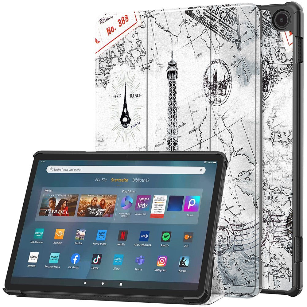 For Amazon Fire Max 11 Auto Wake / Sleep PU Leather Tablet Case Tri-fold Stand Pattern Printed Cover