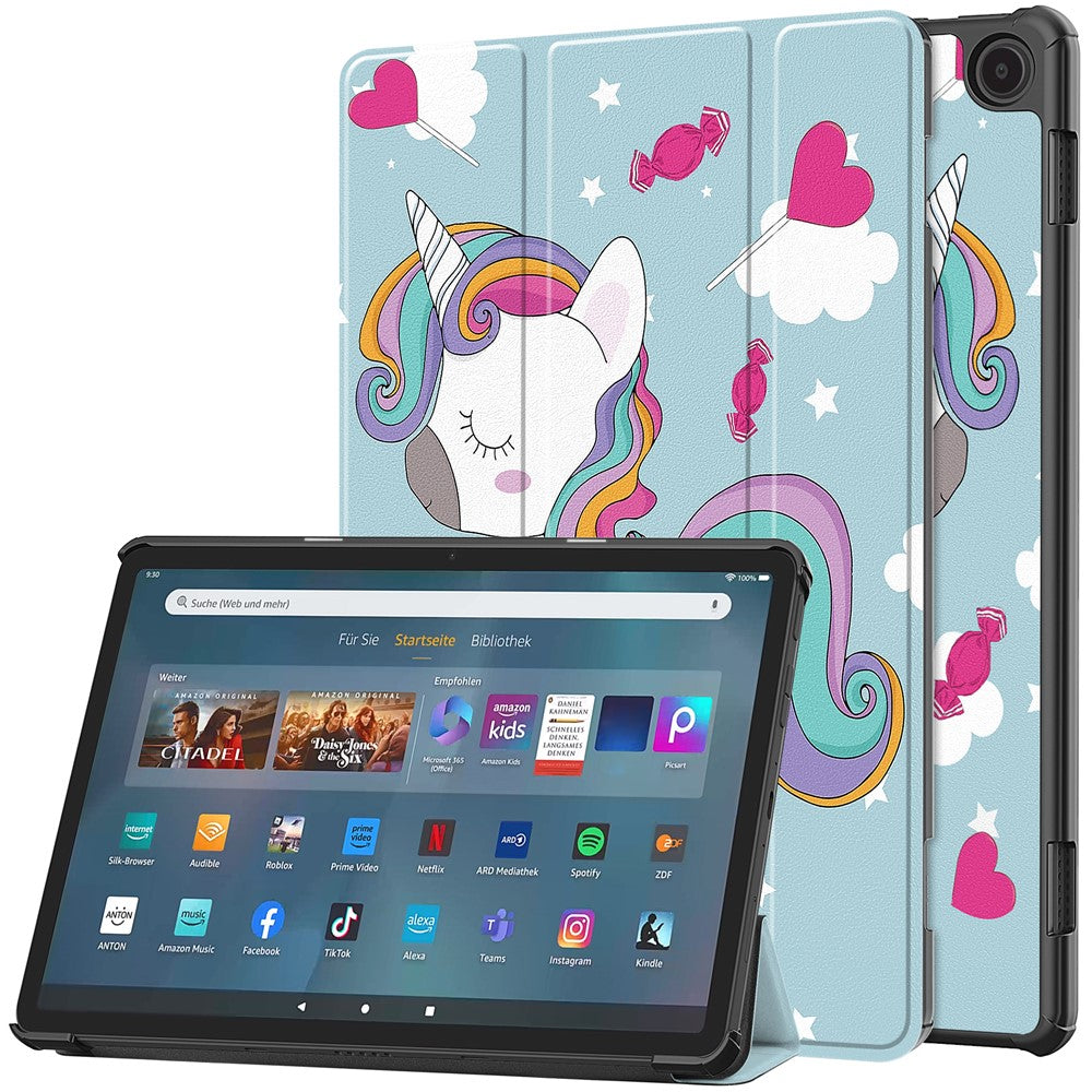 For Amazon Fire Max 11 Auto Wake / Sleep PU Leather Tablet Case Tri-fold Stand Pattern Printed Cover