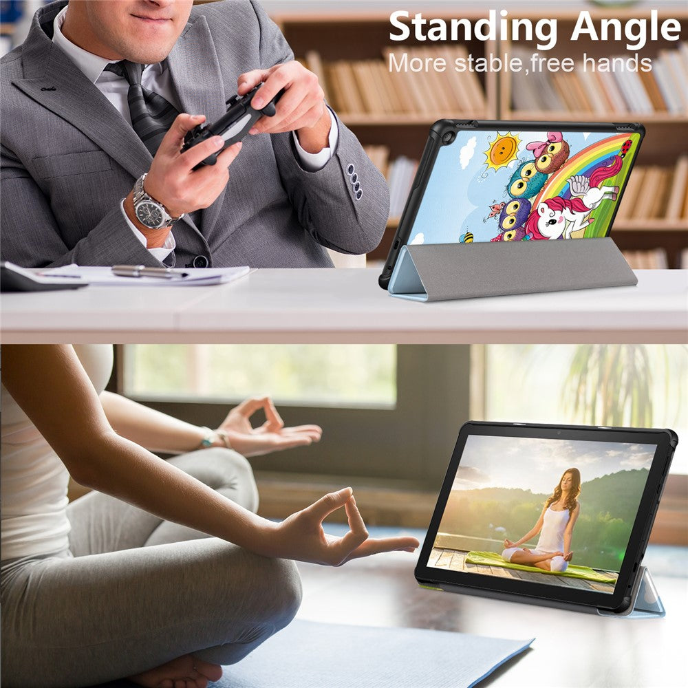 For Amazon Fire HD 10 (2023) PU Leather Tri-fold Stand Case Pattern Printing Auto Wake / Sleep Tablet Cover