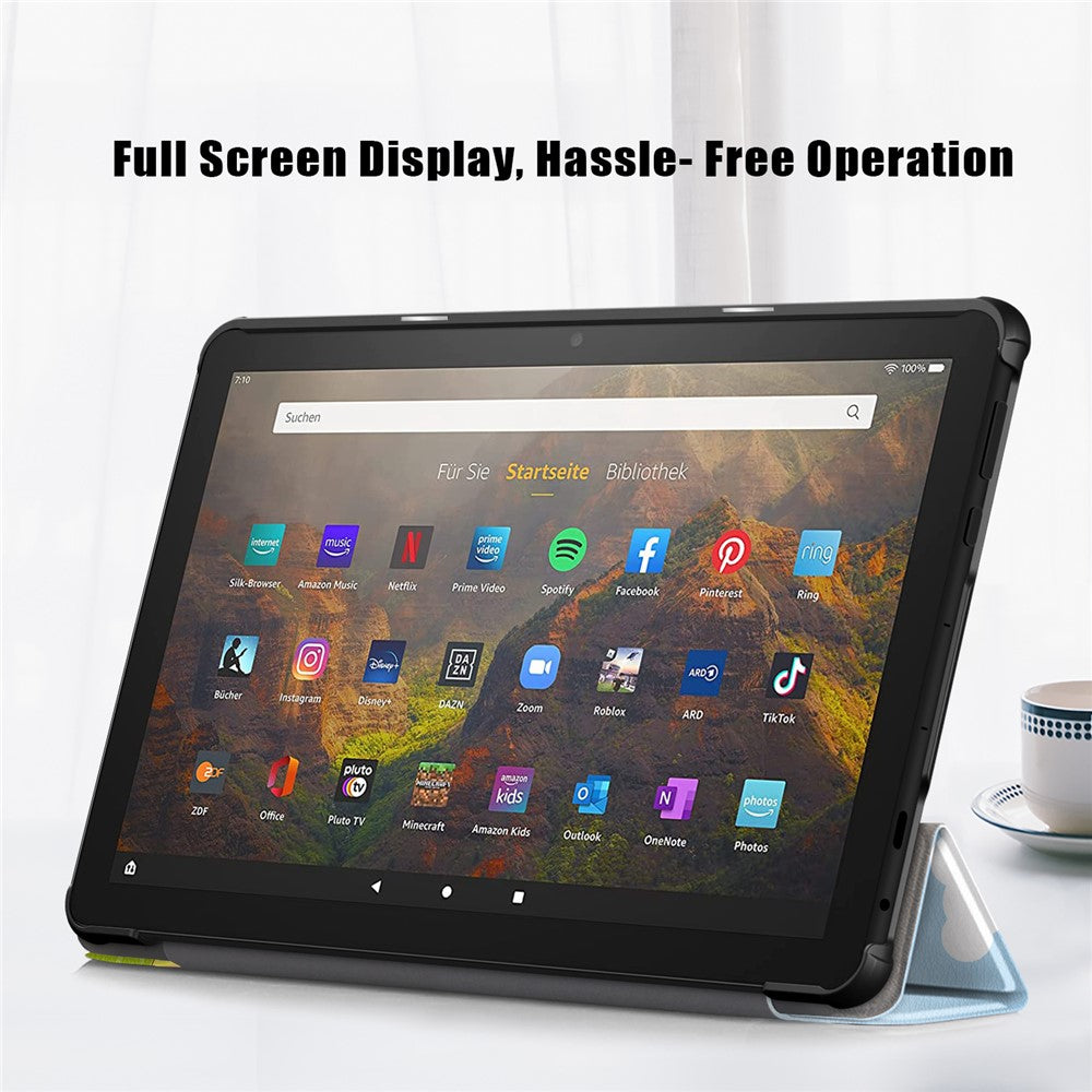 For Amazon Fire HD 10 (2023) PU Leather Tri-fold Stand Case Pattern Printing Auto Wake / Sleep Tablet Cover