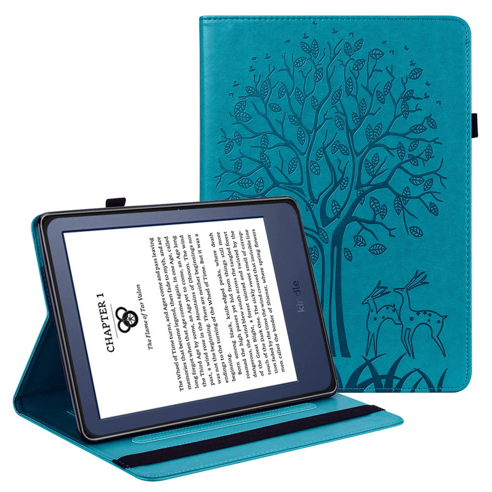 For Amazon Kindle Paperwhite 6 (2022) PU Leather Tablet Case Tree Deer Imprinted Stand Cover with Card Holder